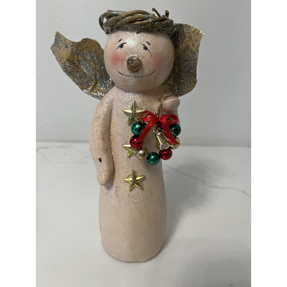 Vintage Christmas Angel Snowman Figurine Gold Stars Glitter Rustic Country  8"